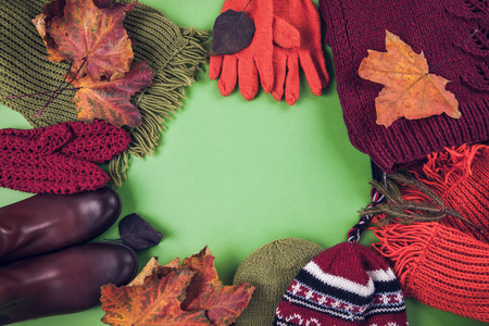 Autumn female outfit. Set of clothes, shoes and accessories on green background. Copy spaceの写真素材