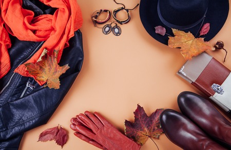 Autumn female outfit. Set of clothes, shoes and accessories on brown background. Copy spaceの写真素材