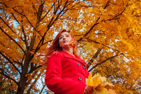 Young woman in red coat walks in the forest among yellow treesの写真素材