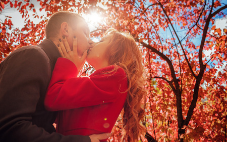 Young couple kisses in autumn forest among colorful treesの写真素材