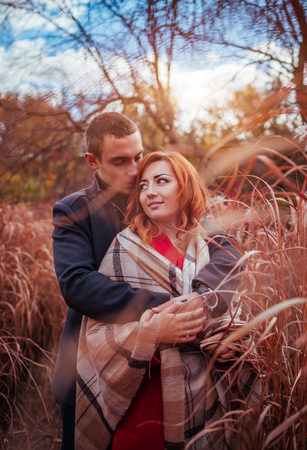 Young couple in love hugs in autumn forest among high grass. Happy people smilingの写真素材