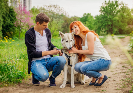A young couple walking a dog in the spring park. Man and woman hugging huskyの写真素材