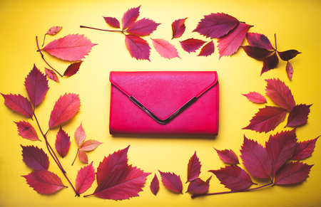 Red handbag on yellow background surrounded with red leavesの写真素材