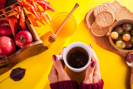 Woman drinks tea with biscuits, honey and fruits. Autumn harvestの写真素材