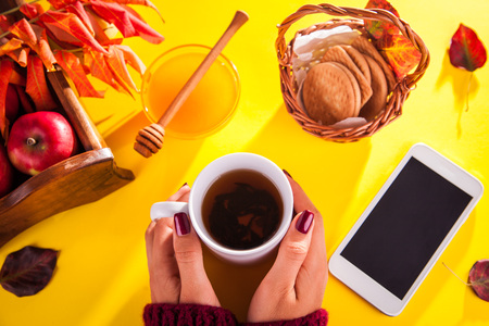 Woman drinks tea with biscuits, honey and fruits. Autumn harvestの写真素材