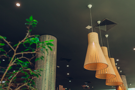 Interior design of modern hotel lobby. Shopping center hall. Business center hallway decorated with suspended lamps and plant.の写真素材