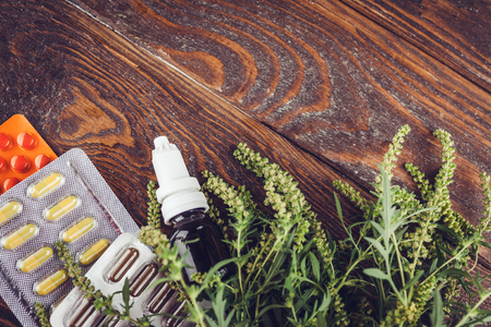 Ambrosia artemisiifolia allergy. Pills and nasal spray to cure ragweed allergy. Healthcare and medicine. Spaceの写真素材