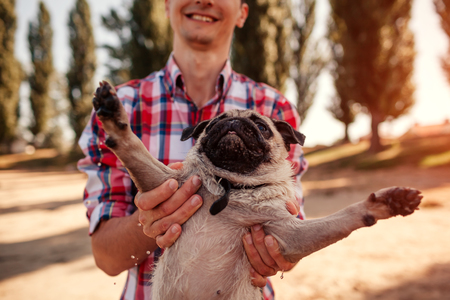 Young man holding pug dog outdoors. Happy puppy with paws raised playing with master. Having fun with petの写真素材