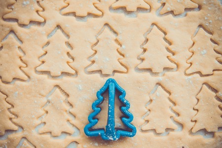 Gingerbread dough for cookies in shape of Christmas trees with plastic cutter.