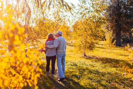 Senior couple walking in autumn forest. Middle-aged man and woman hugging and chilling outdoorsの写真素材