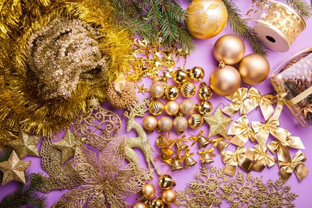 Set of Christmas and New Year toys and tinsel for decoration of fir tree.の写真素材