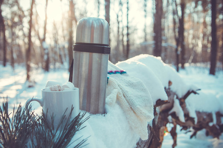Cup of coffee with marshmallow in winter forestの写真素材