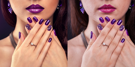 Before and after retouching in editor. Side by side fashion portraits of woman with makeup and manicure editedの写真素材