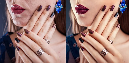 Before and after retouching in editor. Side by side fashion portraits of woman with makeup and manicure editedの写真素材