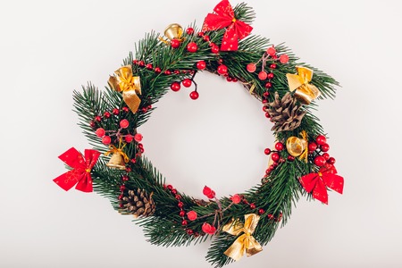 Christmas wreath with decoration on white background. Christmas and New Year background. Spaceの写真素材