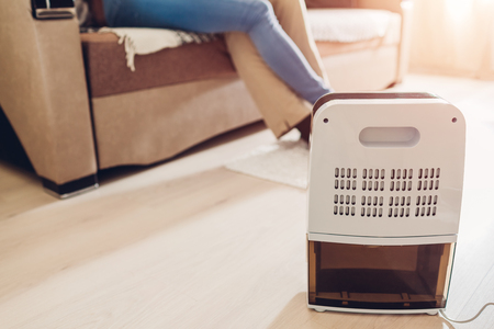 Dehumidifier with touch panel, humidity indicator, uv lamp, air ionizer, water container works in apartment while people relaxing. Modern devices against dampnessの写真素材