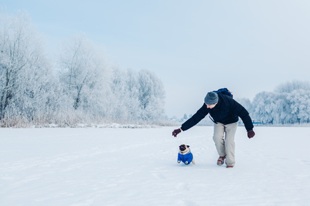 Pug dog walking on snow with his master. Puppy wearing winter coat. Clothes for animalsの写真素材