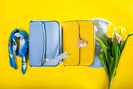 Spring female clothes and accessories with tulips. Stylish handbags with beret, scarf and flowers on...