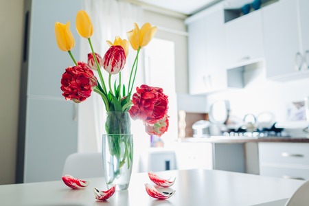 Modern kitchen design. Interior of white and silver kitchen decorated with flowers. Bouquet of fresh tulipsの写真素材