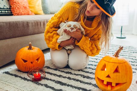Halloween jack-o-lantern pumpkins. Woman in hat playing with cat wearing ghost clothing on floor at home decorated with pumpkins and candles.の写真素材