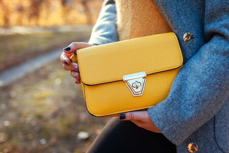 Handbag. Young woman holding stylish purse and wearing coat outdoors. Autumn female clothes and accessories. Fashionの写真素材