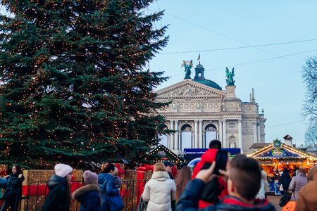 Lviv, Ukraine - December 19, 2019: Lviv central Christmas and New year tree by opera houseのeditorial素材