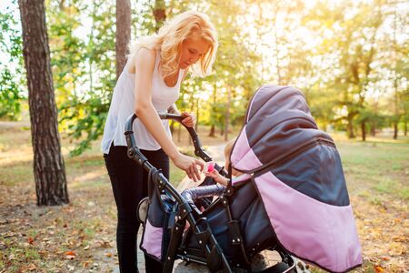Mothers day. Young mother walking in summer park with baby carriage giving toy to child. Woman...
