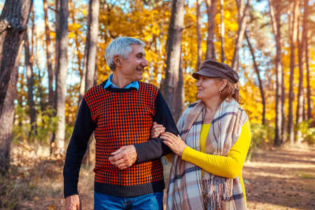 Autumn walk. Senior couple walking in fall park admiring nature. Happy man and woman talking,...