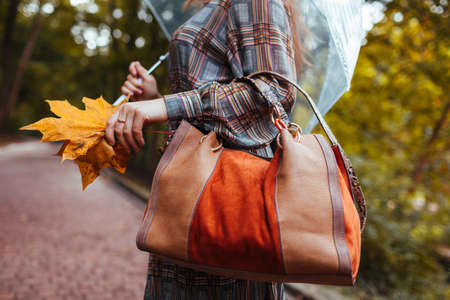 Close up of female leather handbag. Woman holds brown purse under transparent umbrella during rain in park. Stylish accessoriesの写真素材