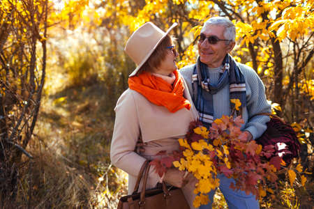 Senior family couple walking in autumn forest. Middle-aged man and woman carry basket for picnicの写真素材