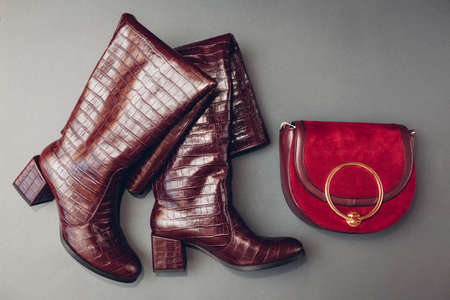 Shoes, stylish burgundy crocodile skin leather boots for women with handbag. Female fashion. Footwear with purse. Trendy accessories on grey backgroundの写真素材