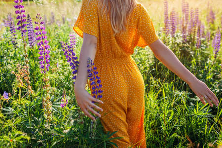 Woman walking in blooming lupin flowers in summer field. Girl in yellow clothes touching blooms in high grass. Relaxation and mental healthの写真素材
