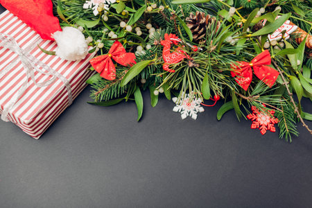 Christmas and New Year fir, pine, mistletoe branches, cones decorated with red ornaments and gift box. Holiday artの写真素材