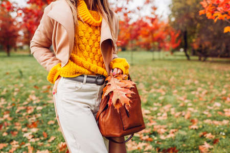 Close up of stylish woman holding handbag wearing yellow sweater in autumn park among red trees. Fall female clothes and accessories. Fashion. Spaceの写真素材
