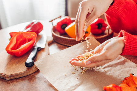 Saving sweet pepper seeds on kitchen at home. Woman pours seeds on hand to dry them, prepare for storing. Propagating vegetablesの写真素材