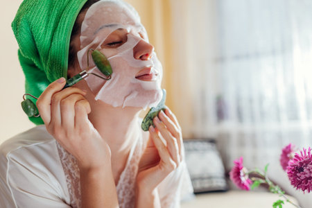Portrait of woman with facial sheet mask applied using jade roller beauty tool and gua sha at home for unti age massageの写真素材