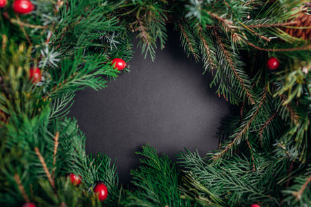 Christmas and New Year wreath made of fir, pine, evergreen branches, cones decorated with berries on black background. Spaceの写真素材