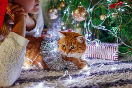 Christmas celebration with cat. Woman admiring decor by New year tree at home covered with tinsel and lights. Celebrating holidays aloneの写真素材