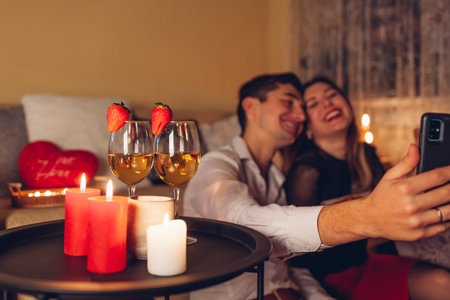 Valentines Day loving couple taking selfie on phone by wine glasses with strawberries, candles having romantic dinner. Happy man and woman celebrating at home at nightの写真素材