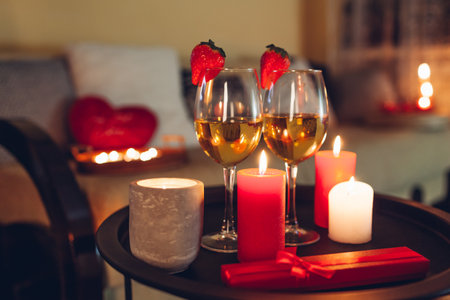 Valentines day celebration at home with champagne wine glasses with strawberries surrounded with candles. Red gift box with presentの写真素材
