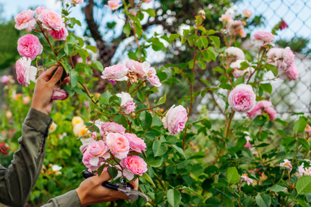 Close up of blooming pink roses flowers in sunny summer garden. Woman gardener grows English James Galway rose holding pruner to cut stemsの写真素材
