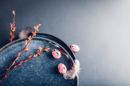 Easter decor. Close up of dishes with eggs, feathers and red spring branches. Ceramic plates on grey background. Space. Holiday mockupの写真素材
