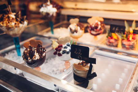 Assortment of desserts on cafe showcase. Variety of cakes, tiramisu, pies, with different flavours, fruits in store. Restaurant confectionery, bakeryの写真素材