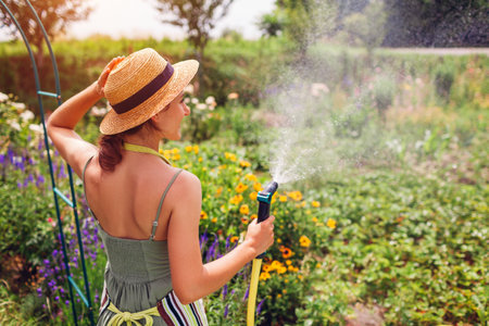 Happy woman gardener in straw hat holding garden hose watering plants in summer garden. Taking care of flowers on farmの写真素材