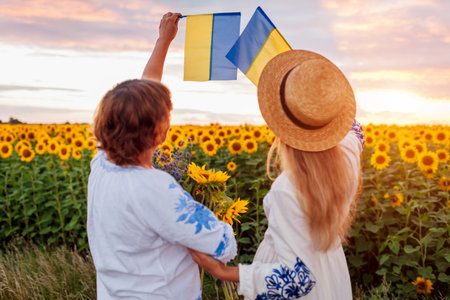 Two women patriots hold yellow and blue flags of Ukraine in sunflower summer field at sunset wearing national clothes with embroidery and hat. Independence Day of Ukraine. Back view. No warの写真素材
