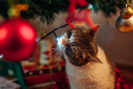 Curious cat playing with lights on decorated Christmas tree. Pet having fun with ornaments at home. New Yearの写真素材