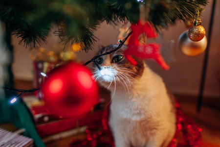 Curious cat playing with lights on decorated Christmas tree. Pet having fun smelling ornaments at home. New Year festive atmosphereの写真素材