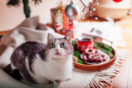 Cat lying by coffee and gingerbread on tray under decorated Christmas tree at home. Curious pet looks at lights and ornamentsの写真素材