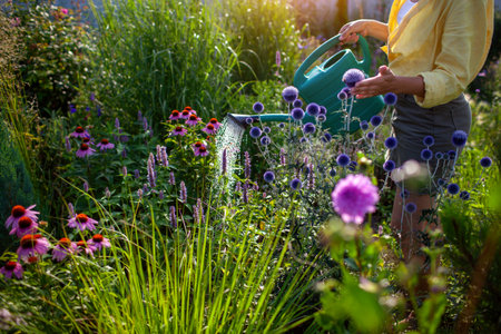 Woman gardener watering plants with watering can in summer garden. Taking care of blooming globe thistle, echinacea flowers. Gardening at sunsetの写真素材