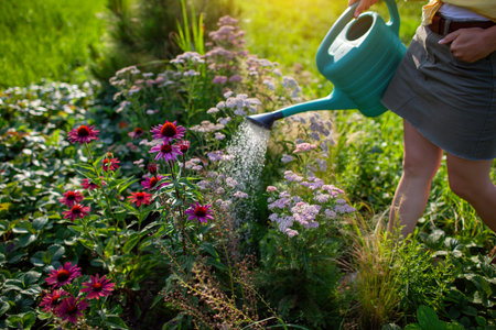 Woman gardener watering yarrow and coneflower plants with watering can in summer garden. Taking care of blooming flowers at sunset. Lifestyleの写真素材
